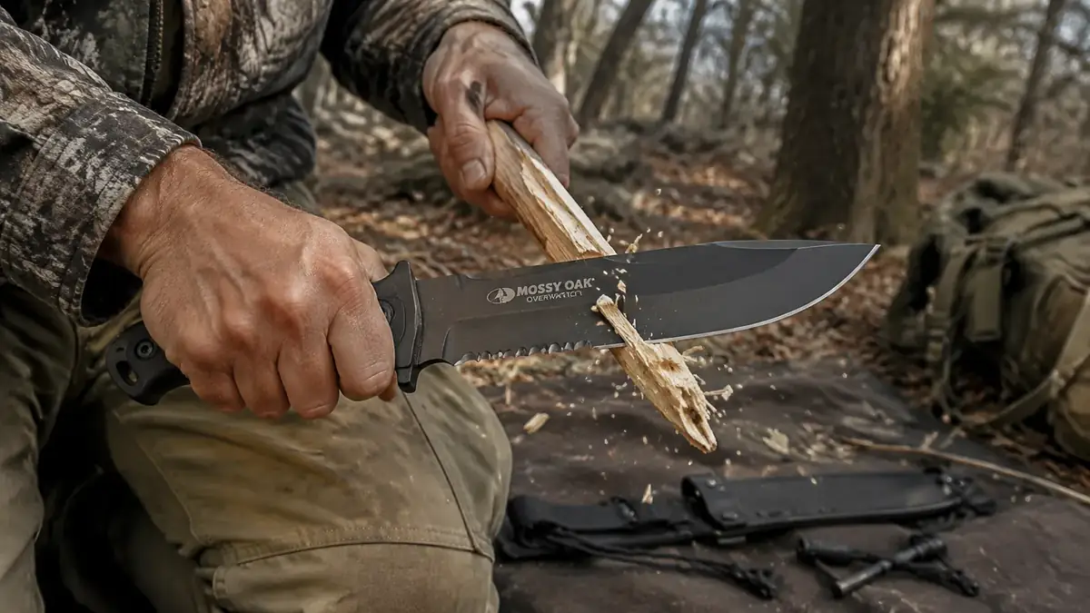 Teenage hands gripping a Mossy Oak 15-inch fixed-blade knife, batoning a piece of kindling with a wooden stick