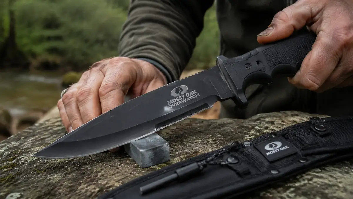 Hand running a pocket stone along the edge of the fixed-blade knife to touch up the factory edge
