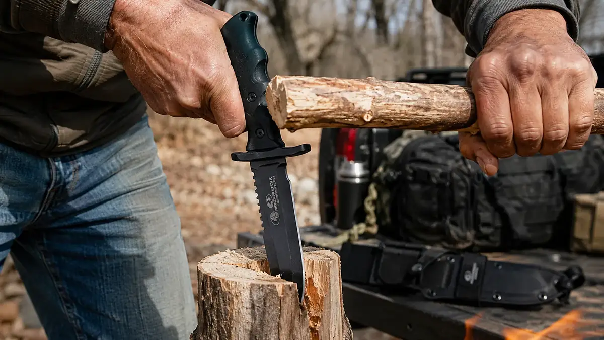 Close view of hands batoning a piece of firewood with the 15-inch fixed-blade knife driven through a log