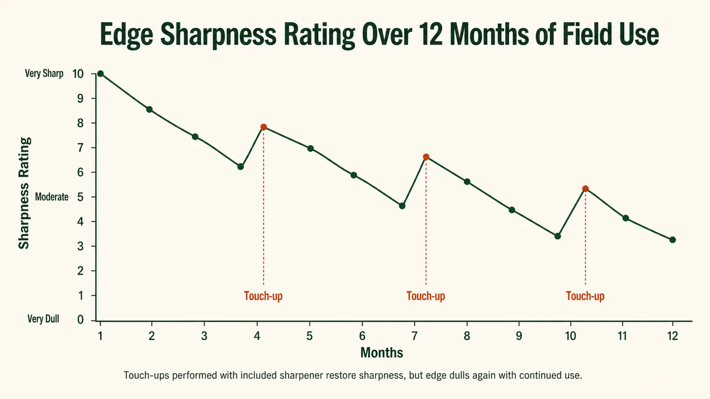 Simple line chart showing edge sharpness rating over 12 months of regular field use