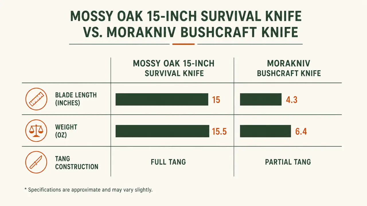 Comparison chart showing blade length, weight, and tang type for both knives