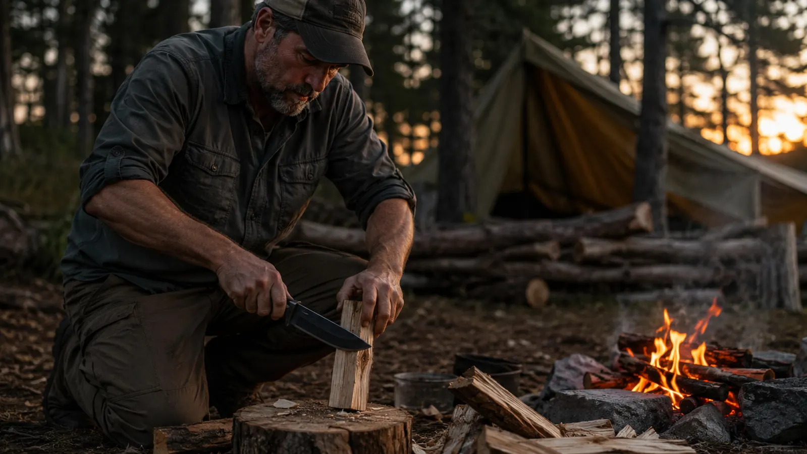 Man kneeling at a campsite, batoning kindling with a fixed-blade knife beside a small fire