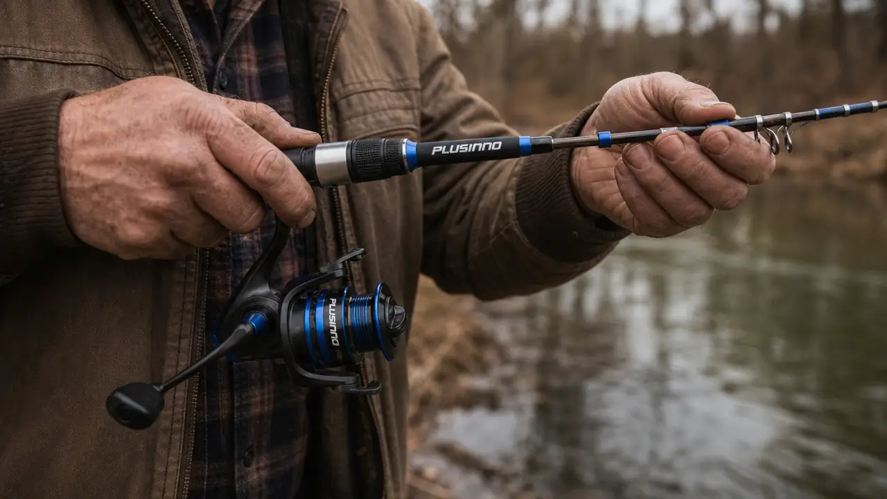 Close-up of hands extending a telescopic rod to full length before fishing