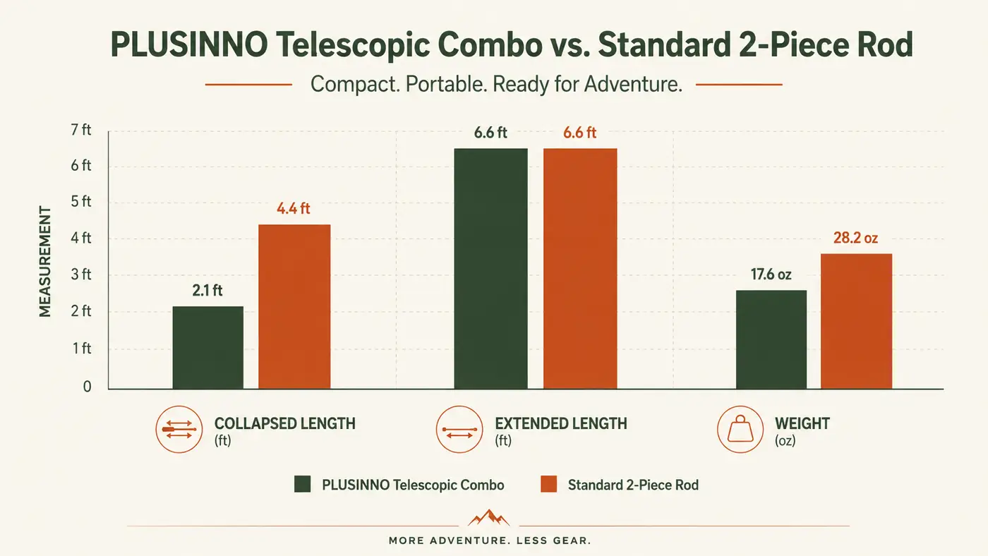 Chart comparing the PLUSINNO combo's collapsed length, extended length, and weight against a standard two-piece spinning rod