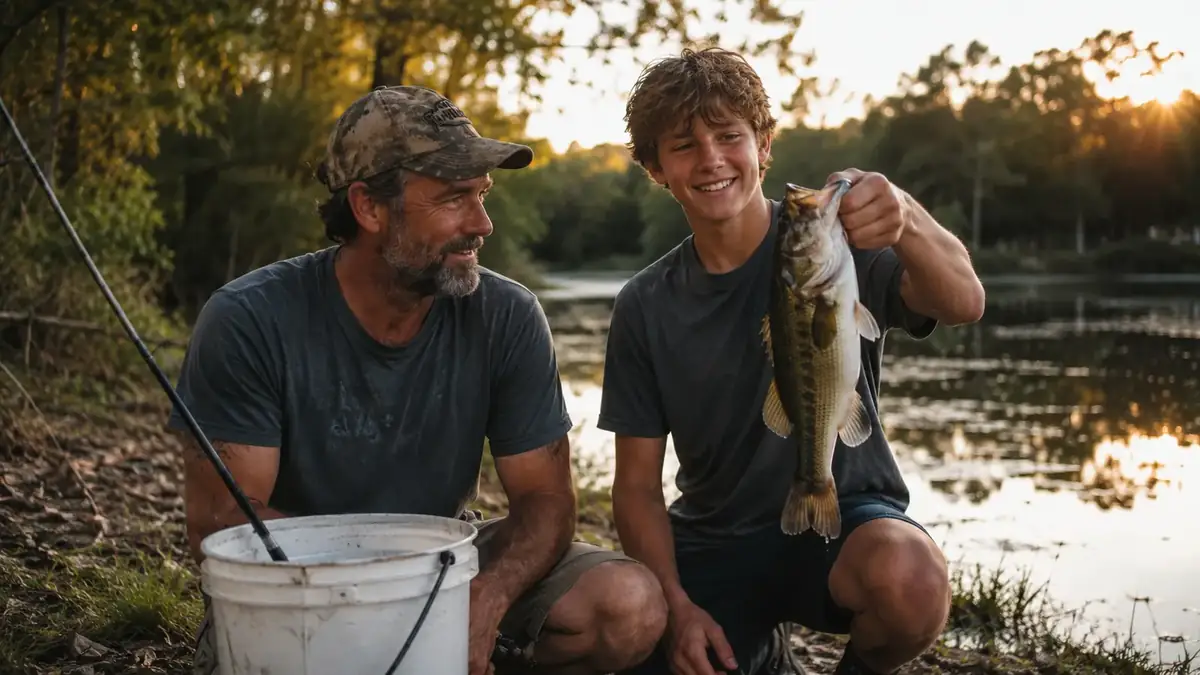 Teenage boy holding a bass caught on the PLUSINNO combo next to a father on the bank of a pond
