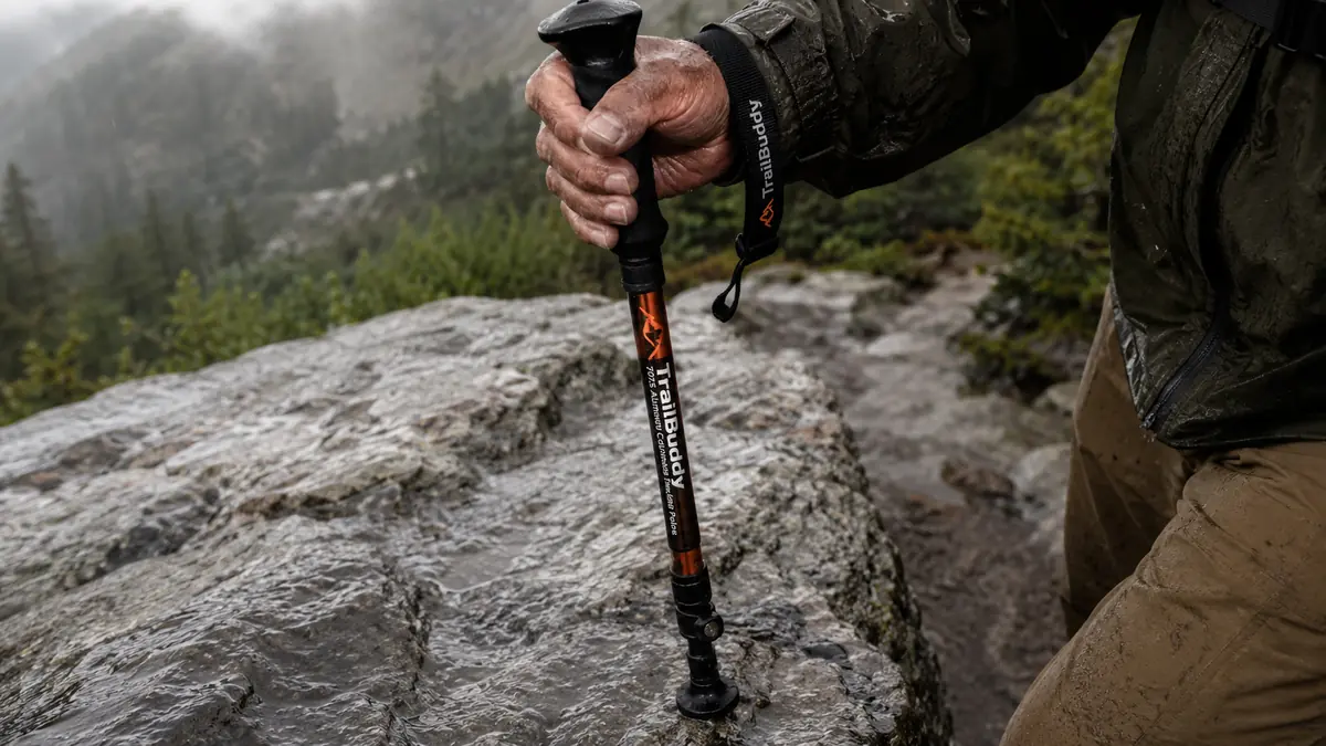 Hand gripping a TrailBuddy trekking pole planted on wet granite trail rock