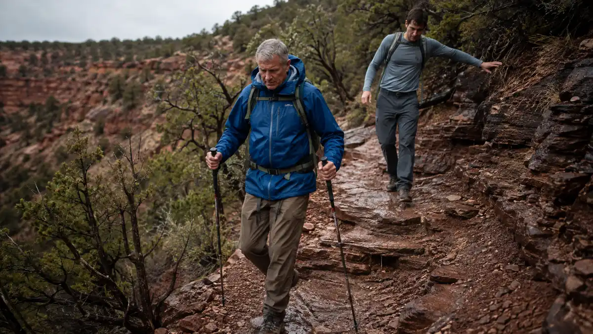 Older hiker moving confidently down a wet rocky trail using trekking poles while a younger hiker struggles behind him