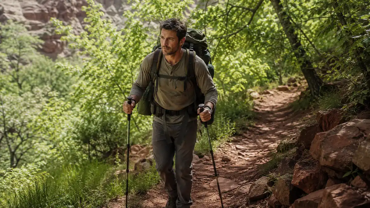 Man hiking downhill on a green spring trail using trekking poles with a loaded backpack