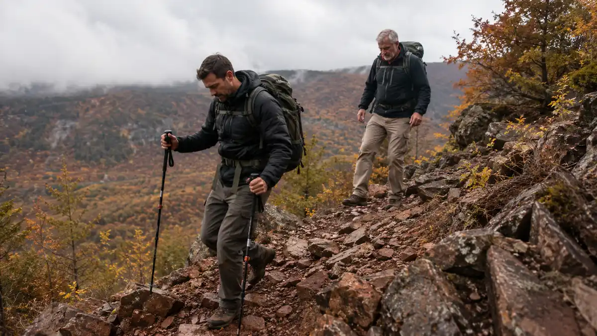 Two men descending a rocky switchback trail in the Ouachita mountains under an overcast sky