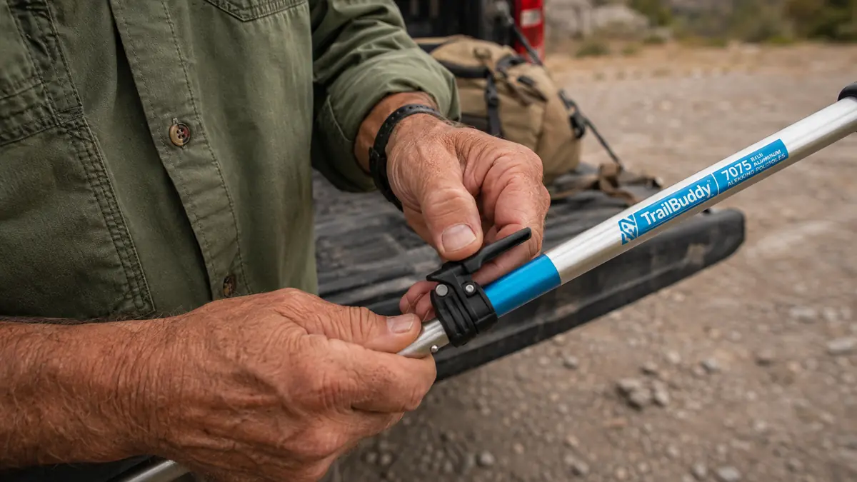 Close-up of a hand twisting the flip-lock clamp on a trekking pole shaft to adjust its length