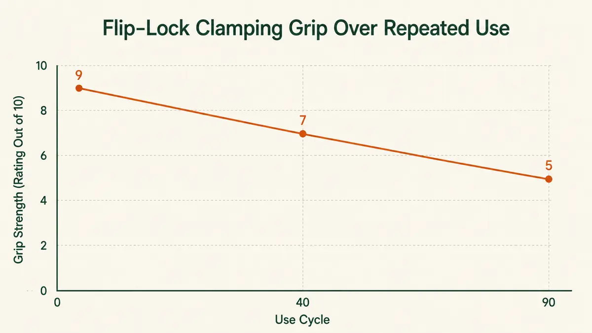 Chart showing flip-lock clamping force declining across repeated collapse-and-extend cycles