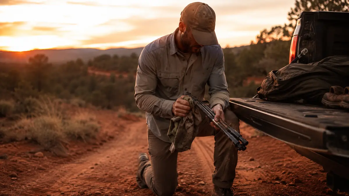 Man crouched beside a truck tailgate at dusk wiping down a collapsed trekking pole with a rag