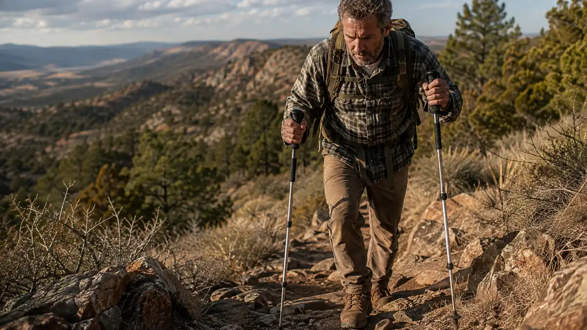 Man on a rocky ridge trail planting a pair of collapsible trekking poles ahead of him