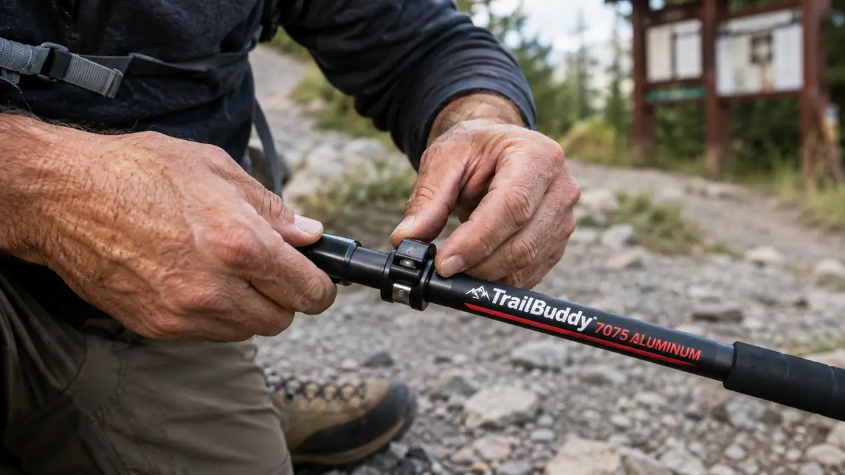 Close view of hands adjusting the flip lock on a collapsible trekking pole