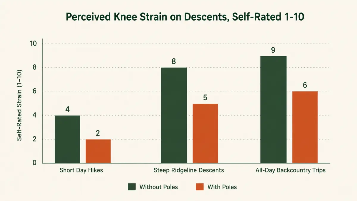 Bar chart comparing knee strain rating on descents with and without trekking poles across a season of hikes