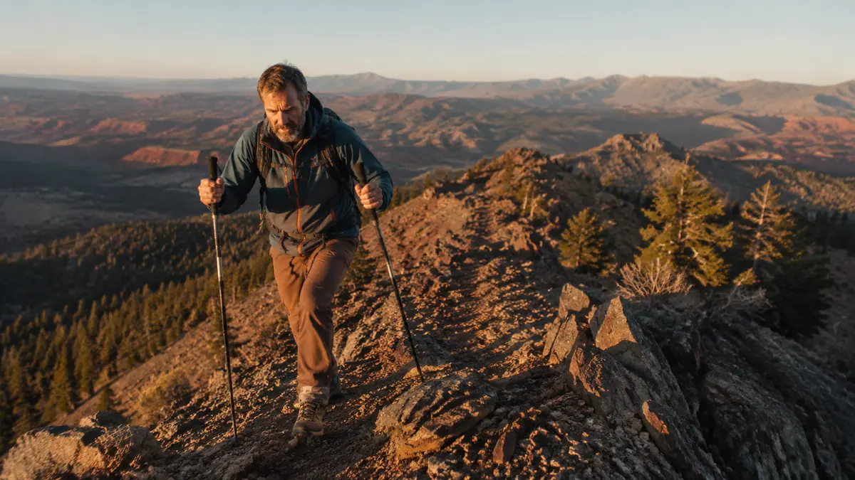 Hiker planting trekking poles on a steep rocky ridgeline trail at sunrise