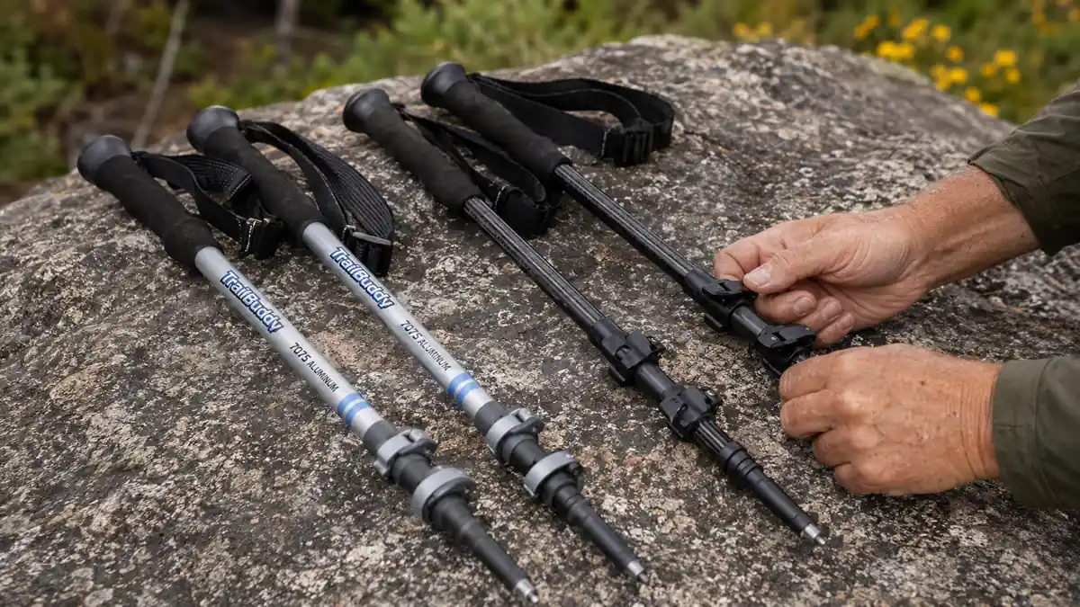 TrailBuddy trekking poles and a set of Cascade Mountain Tech carbon poles laid side by side on a flat rock for comparison