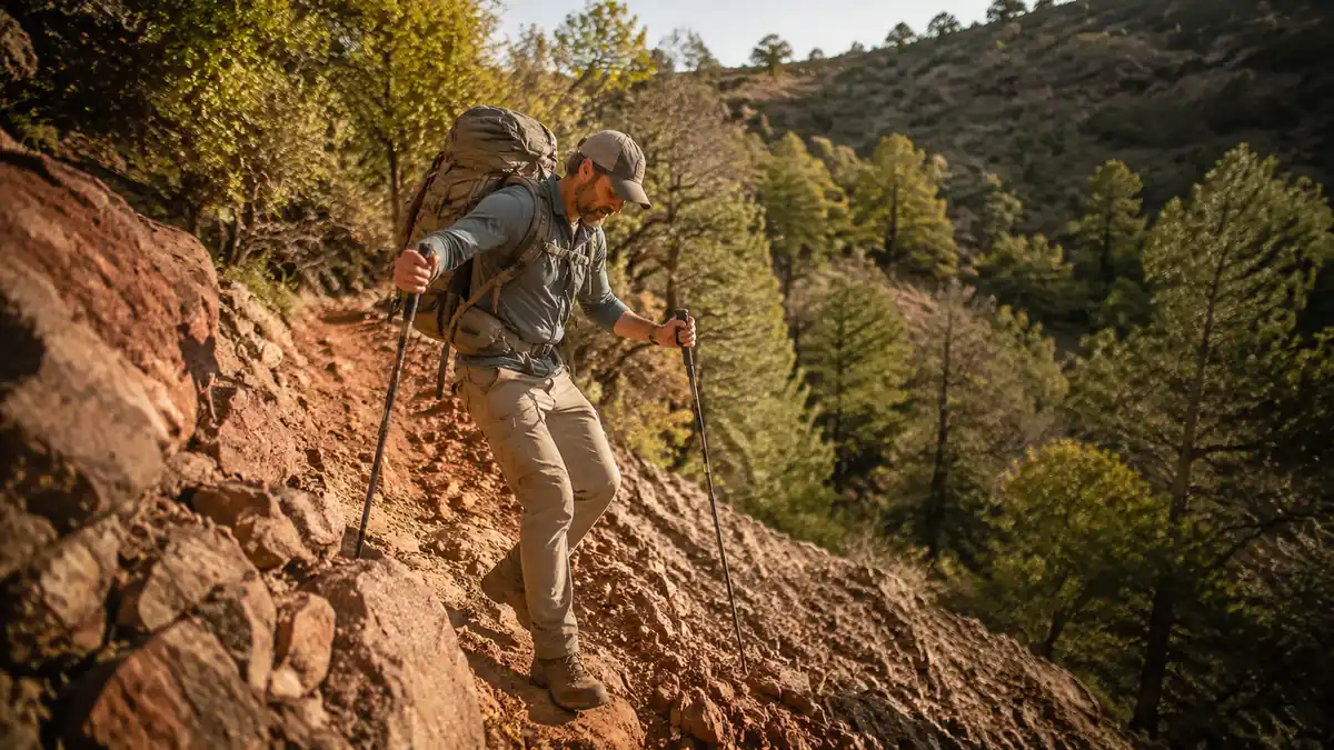 Hiker using trekking poles to ease down a steep rocky descent with a loaded backpack