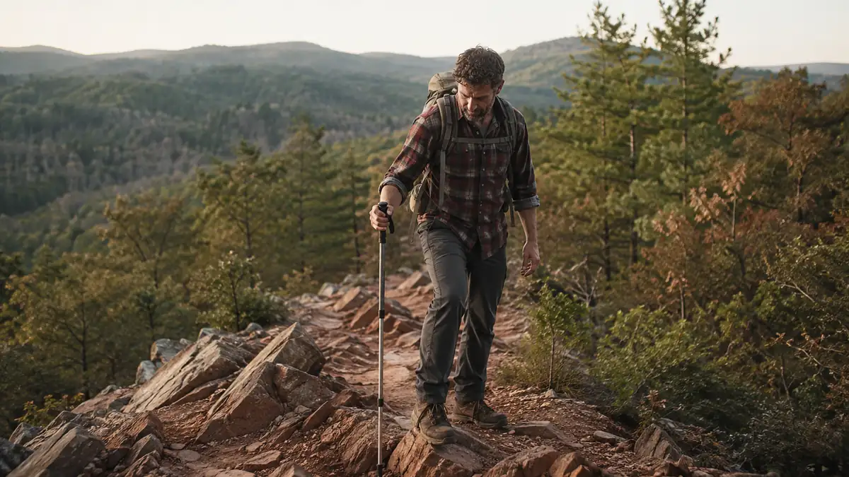 Hiker planting a TrailBuddy trekking pole on a rocky ridge trail in southeast Oklahoma at dawn