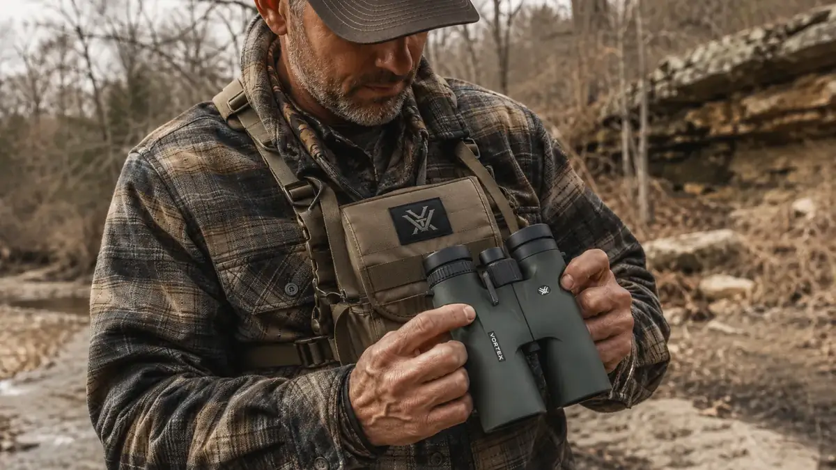 Close up of hands holding Vortex Crossfire HD 10x42 binoculars with harness strap visible