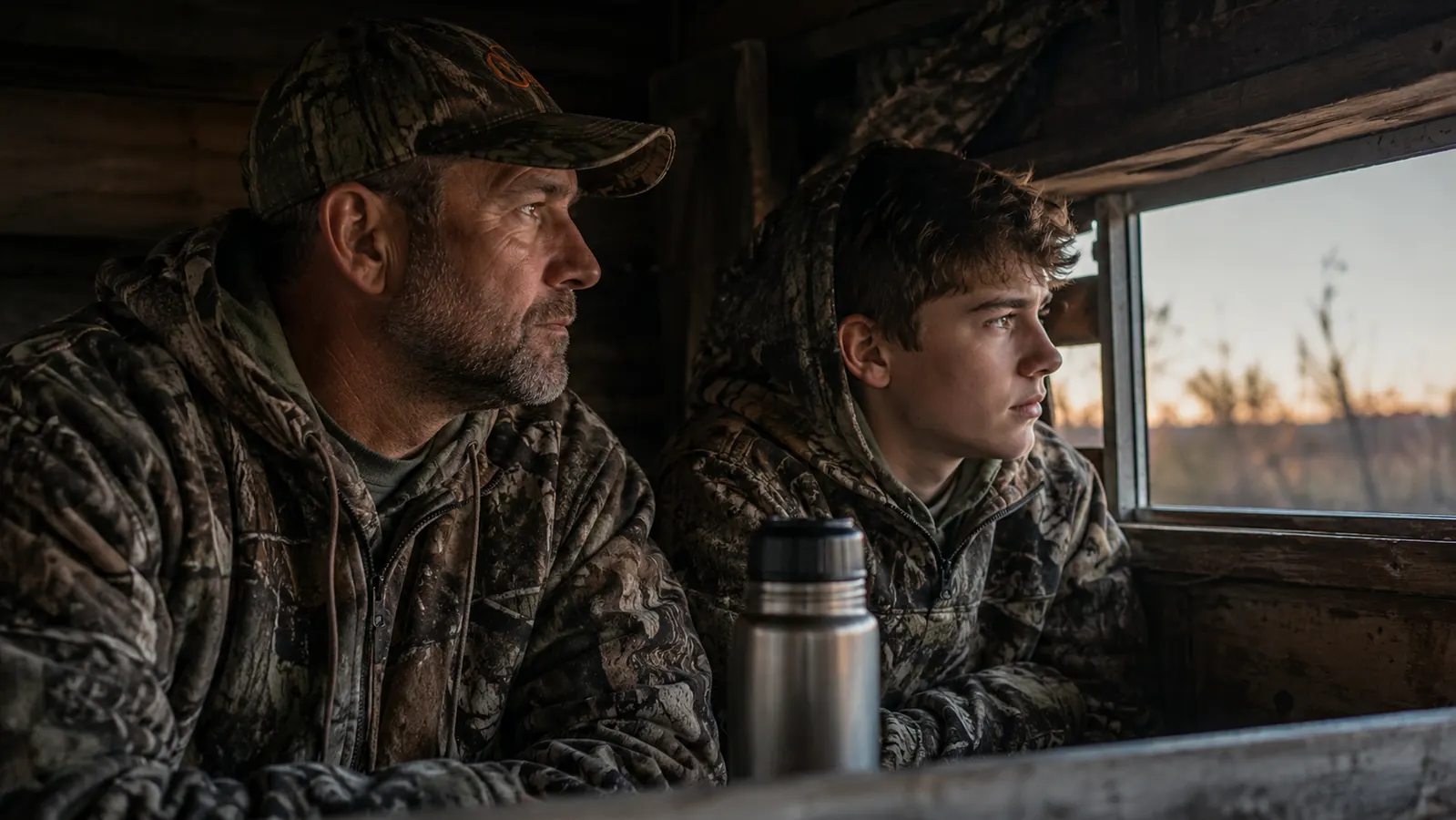 Father and teenage son sitting together in a deer blind at dawn