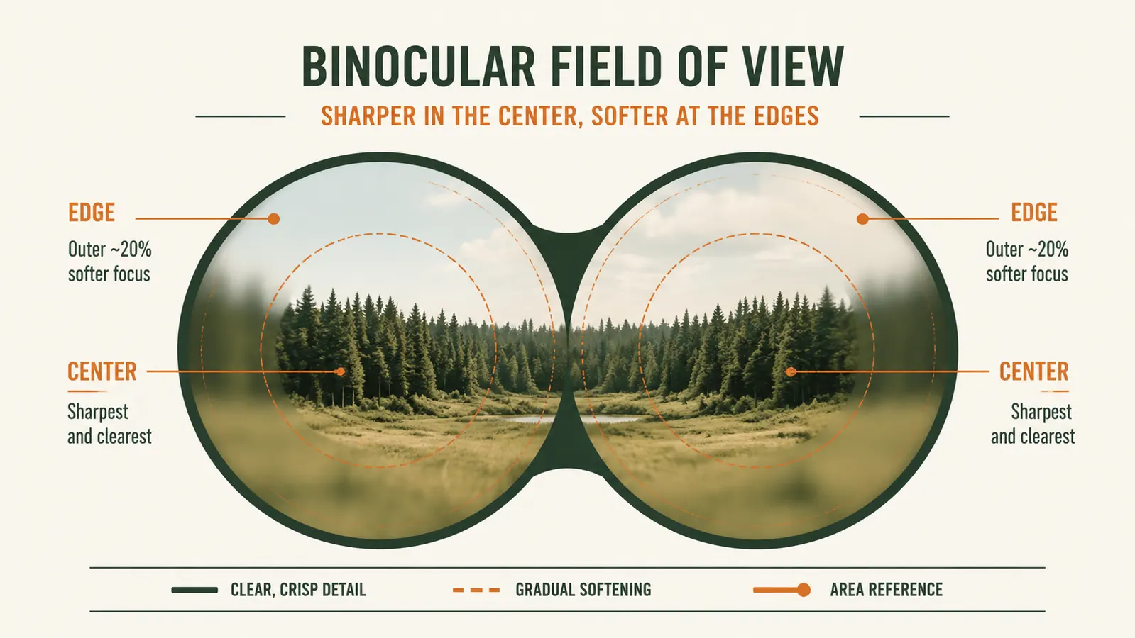 Split comparison showing sharp center image versus soft edge blur through binoculars