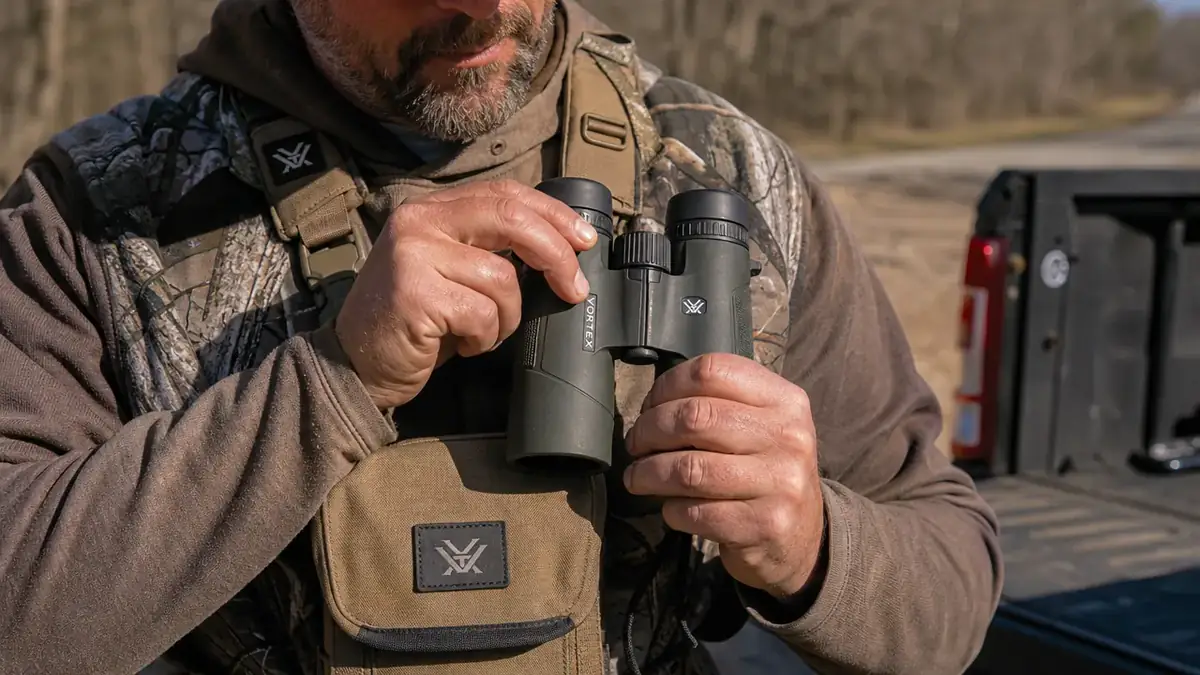 Close view of hands adjusting the center focus wheel on the Vortex Crossfire HD binoculars