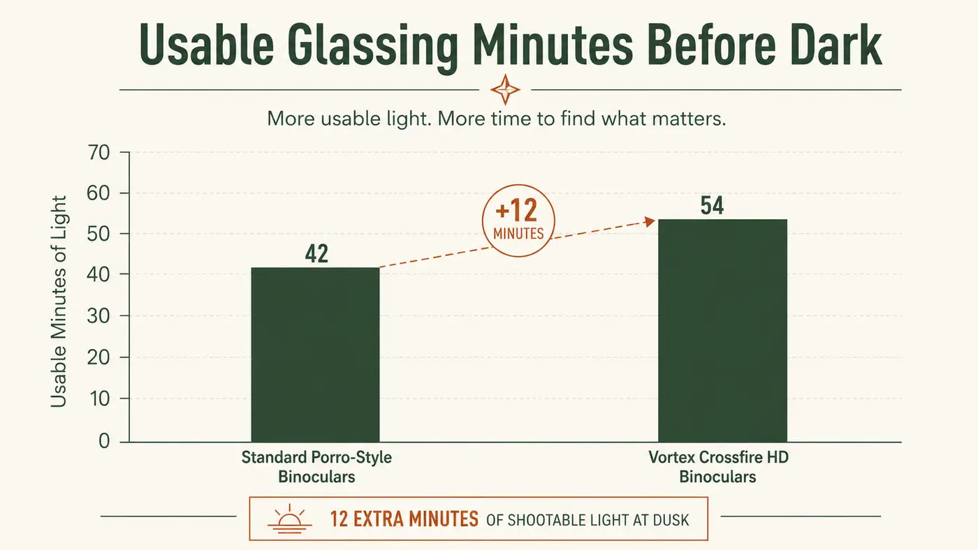 Simple bar chart comparing usable glassing light minutes before and after switching to HD glass