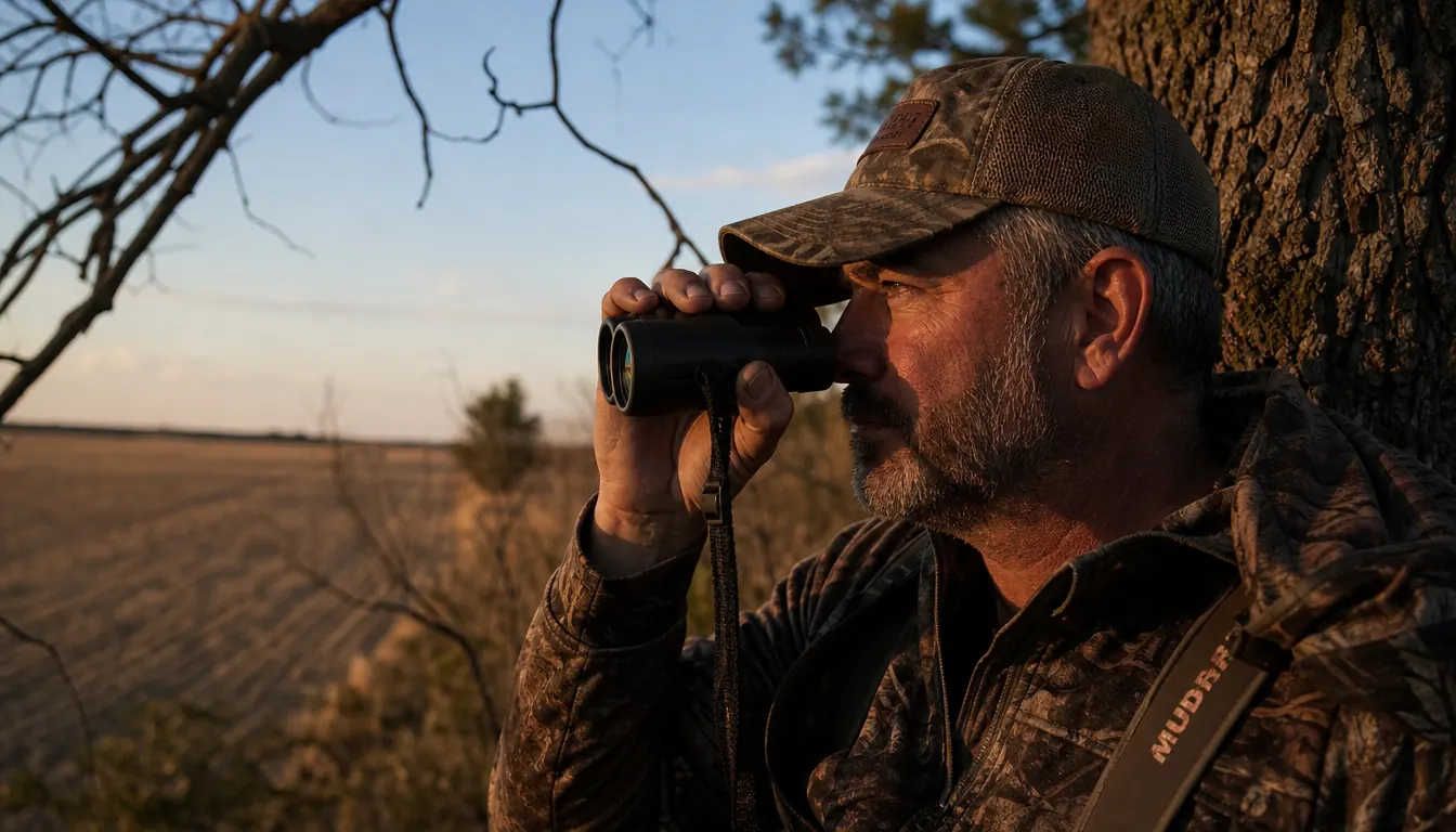 Hunter holding binoculars up to glass a distant wheat field from a treestand
